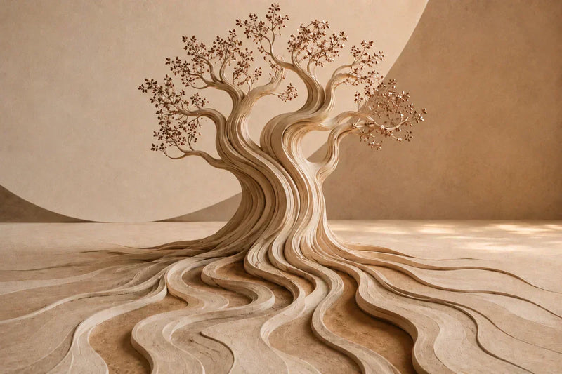 Abstract image representing hair via a tree with roots visibly on the surface 